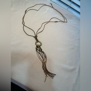 Extra long brown leather cord Tassel sweater Necklace boho hippie 70’s vibe